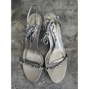 Y2K Silver Nina Heels Size 8 Rhinestone Slingback Sandals, Strappy Glam Look